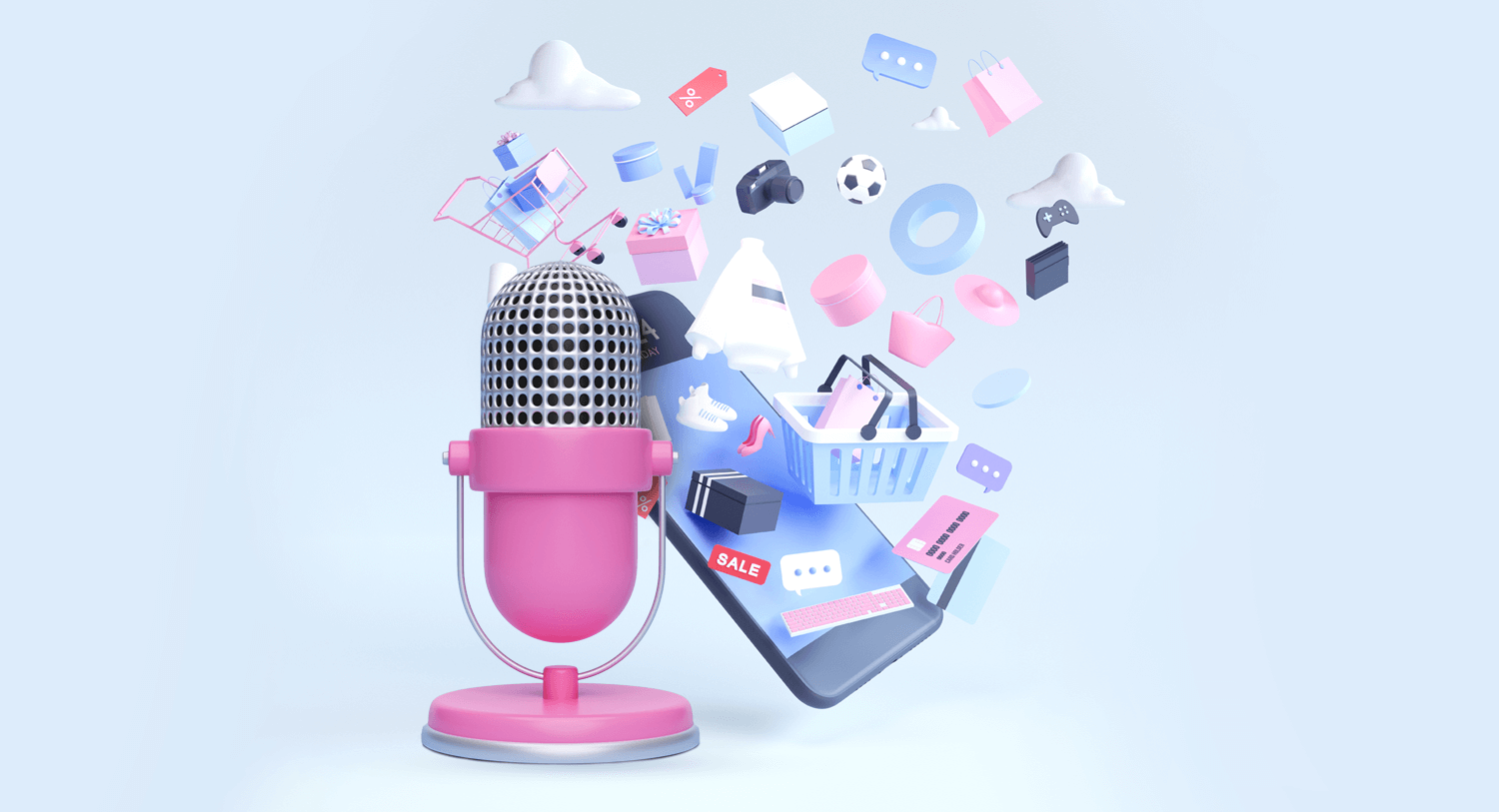 Pink podcast microphone next to a smartphone surrounded with e-commerce icons. Best eCommerce podcasts to listen to.