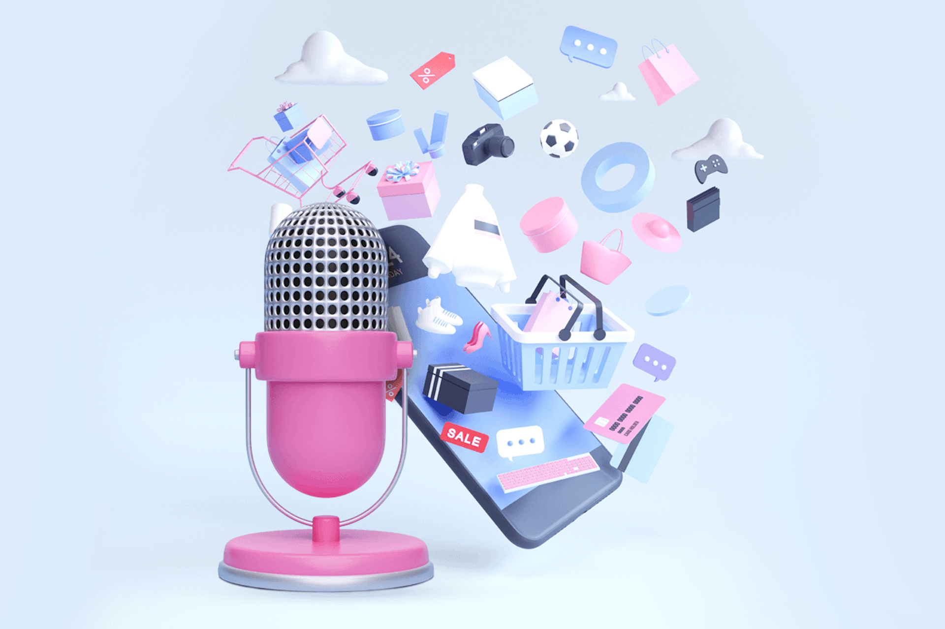 Pink podcast microphone next to a smartphone surrounded with e-commerce icons. Best eCommerce podcasts to listen to.