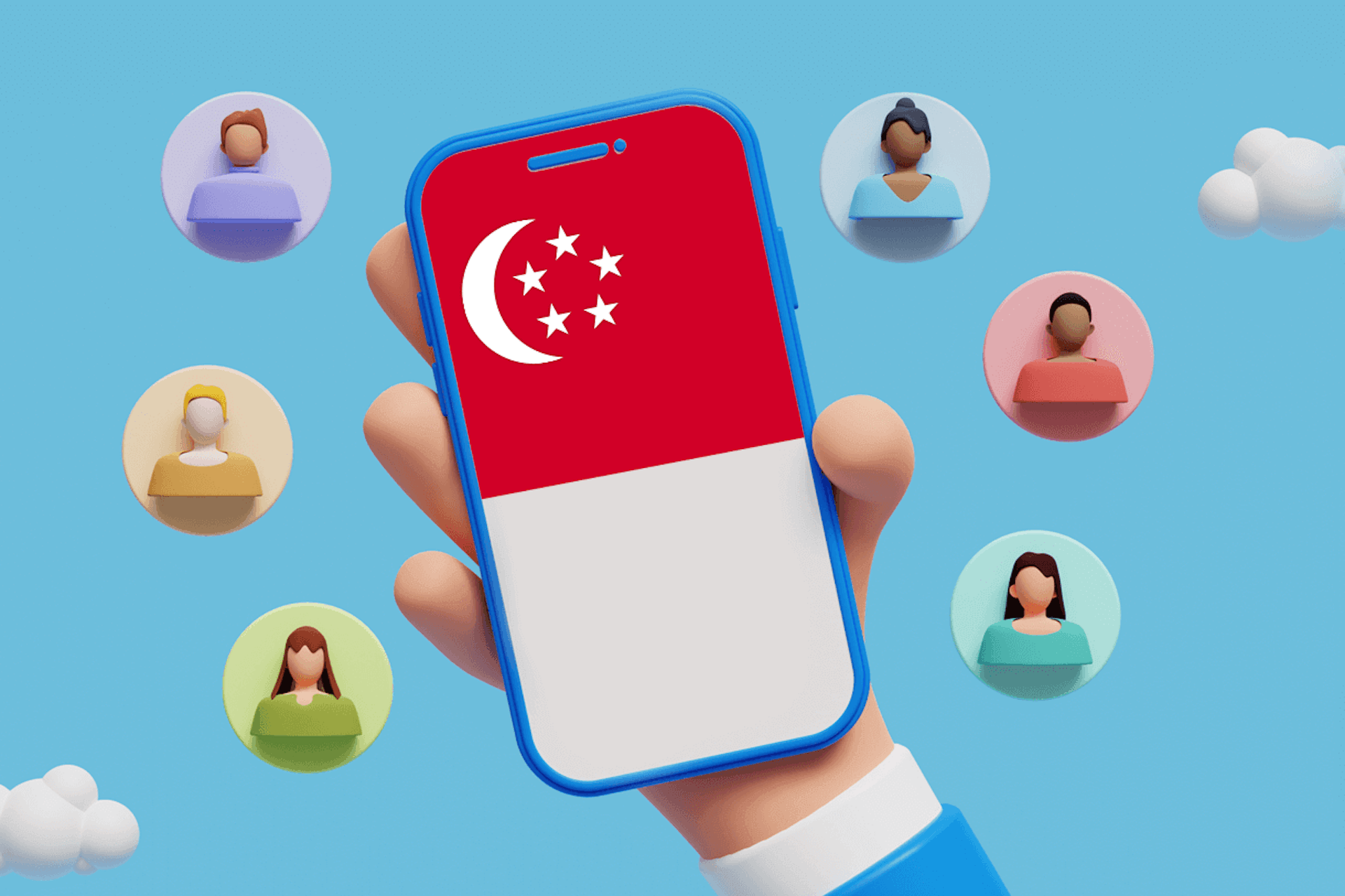 3D illustration of a hand holding a smartphone with the Singaporean flag and influencers around it as the header for our blog with the top Instagram influencers in Singapore.