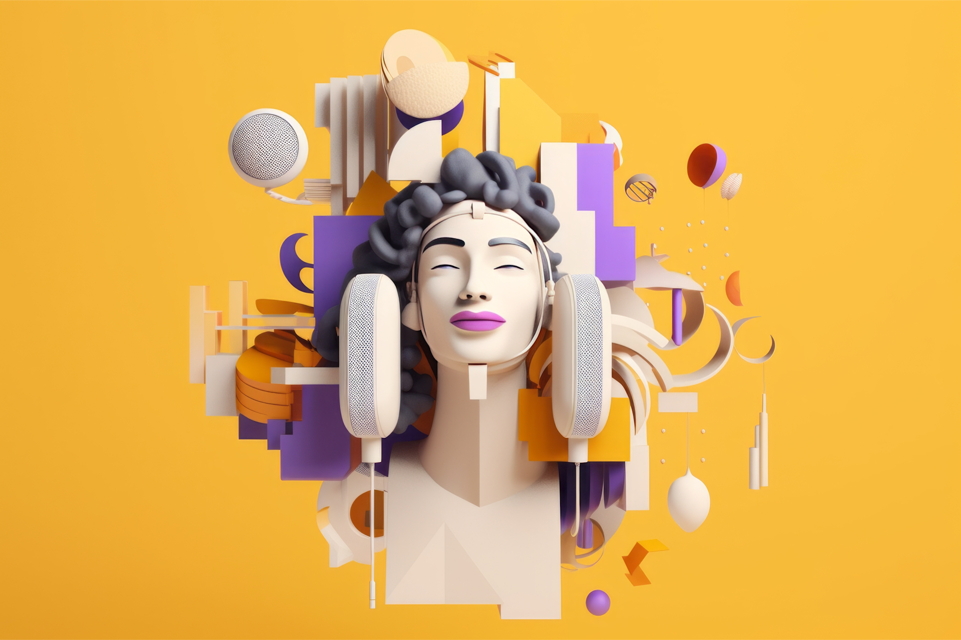 An illustration of a woman's face surrounded by abstract imagery. 