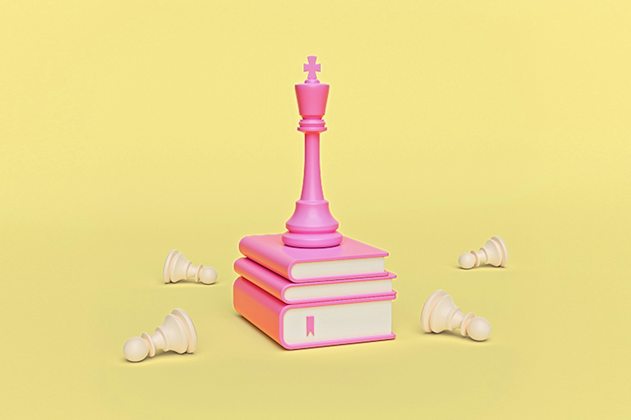 Pion rose (roi aux échecs) sur pile de 3 livres roses sur fond jaune avec quelques pions jaunes au sol