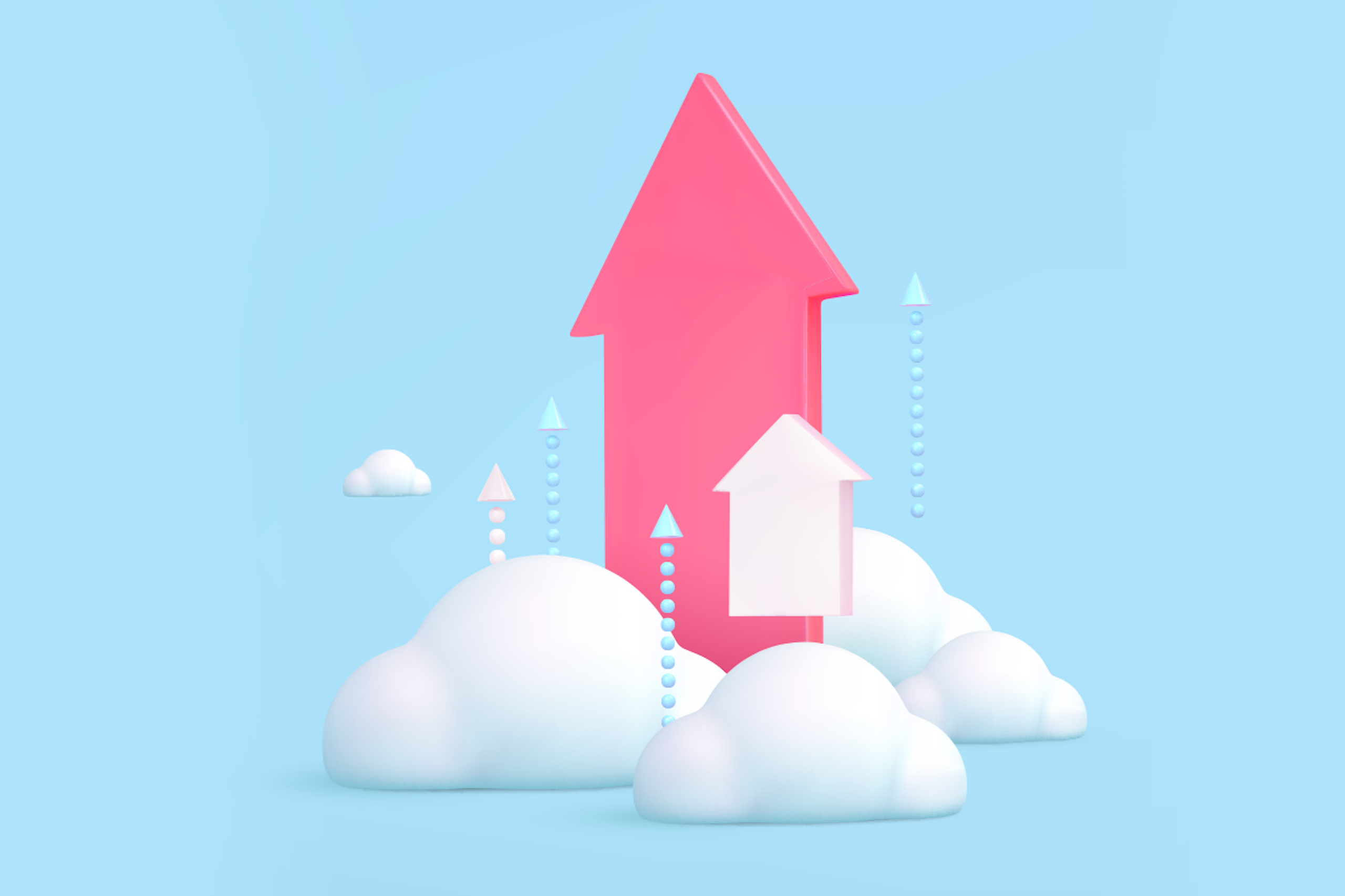 Das Bild zeigt einen großen rosa Pfeil, umgeben von kleineren Pfeilen und Wolken auf einem hellblauen Hintergrund. Leitfaden für Twitter-Impressionen und Reichweite von Blogposts.
