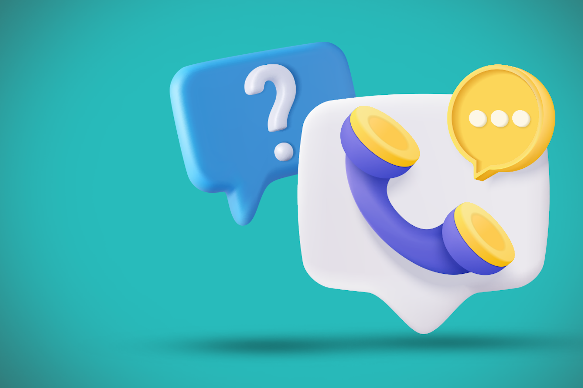 Chat bubbles containing a question mark and a telephone, representing a customer service discussion.