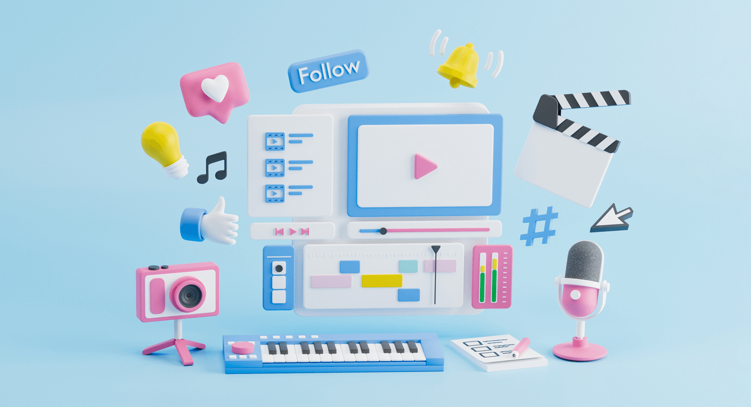 Image showing all different kinds of content marketing channels including video, music, podcast, social media, blogs. Content marketing trends for 2023 blog post.