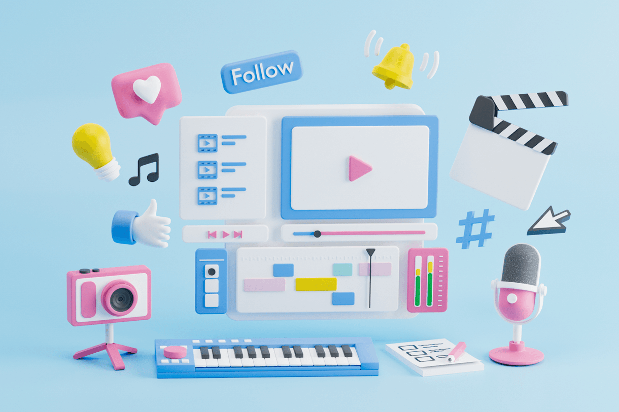 Image showing all different kinds of content marketing channels including video, music, podcast, social media, blogs. Content marketing trends for 2024 blog post.