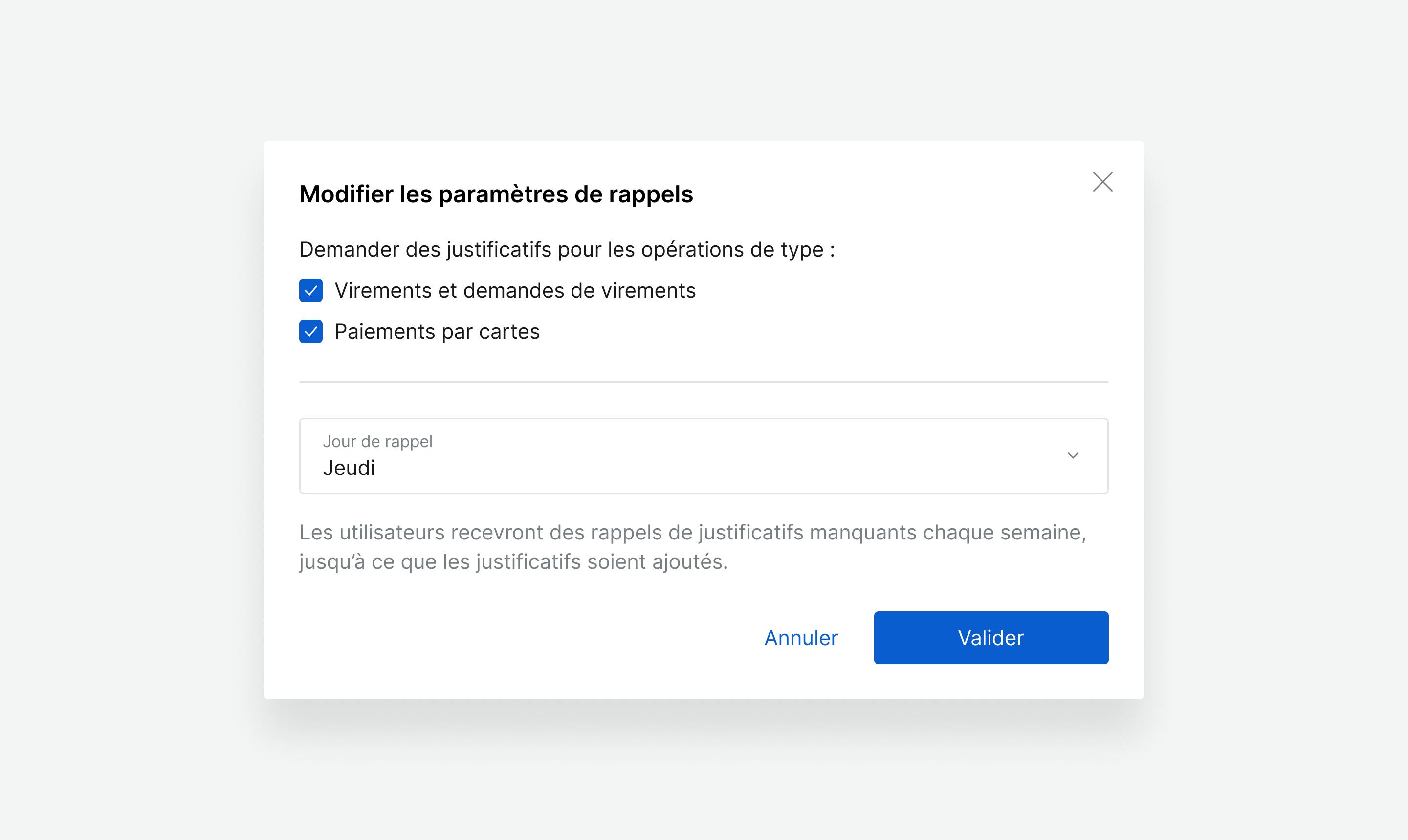 Choisissez le jour d’envoi des rappels et le type de transactions à surveiller.