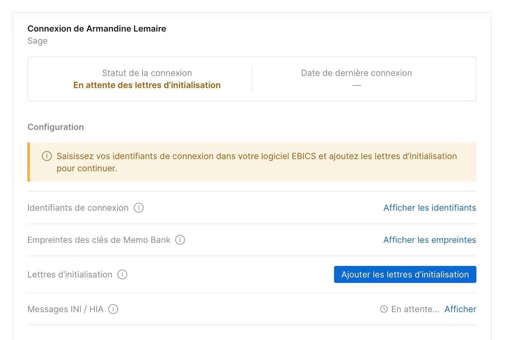 Configuration d’une nouvelle connexion EBICS