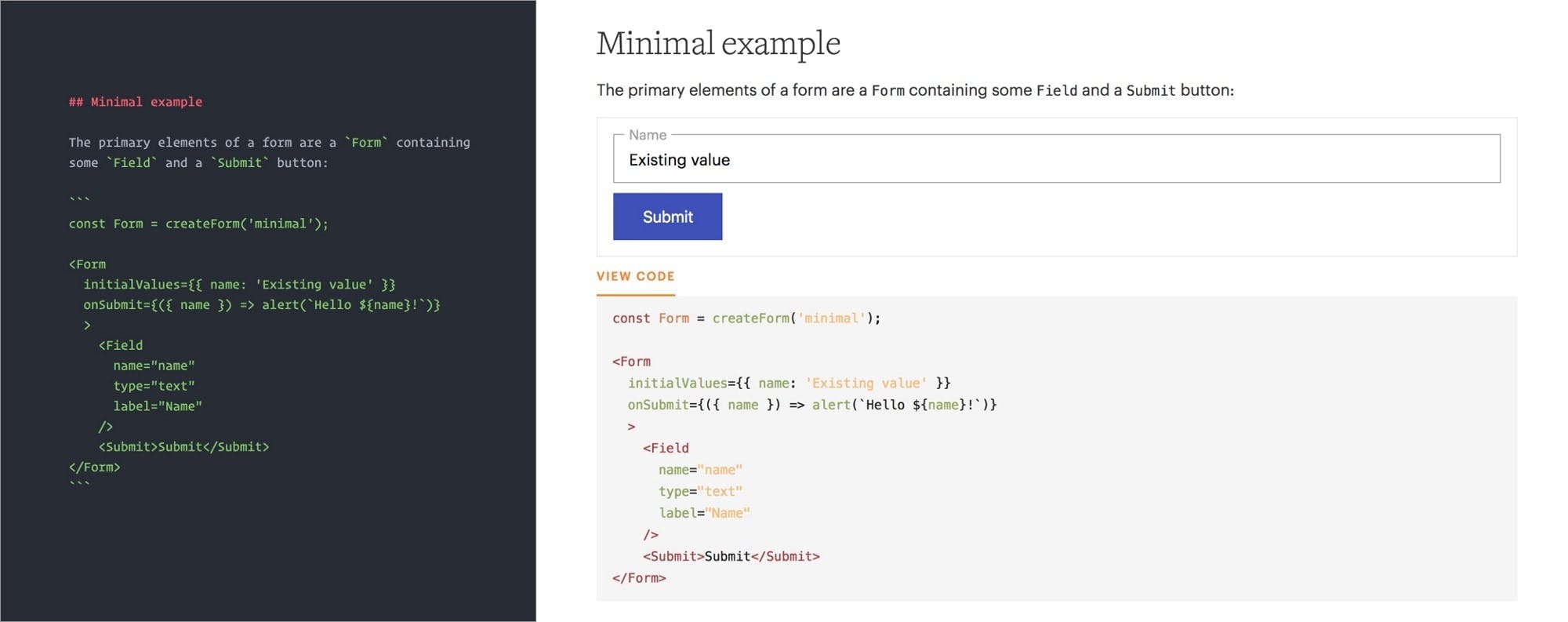 The markdown code on the left, the generated documentation on the right.