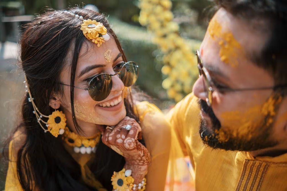 Couple Haldi wedding pose pic