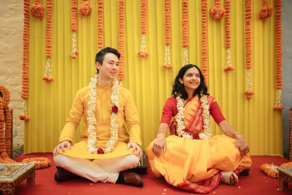 Groom and bride Haldi day rituals photo