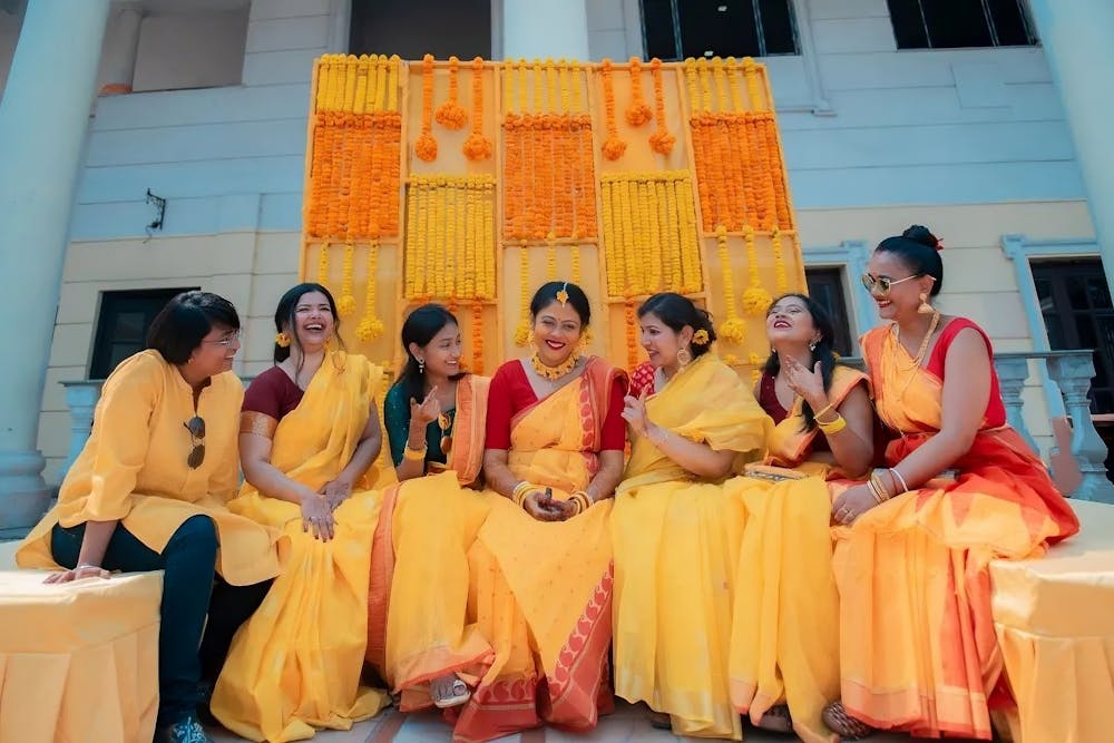 Bride captured smiling with friends