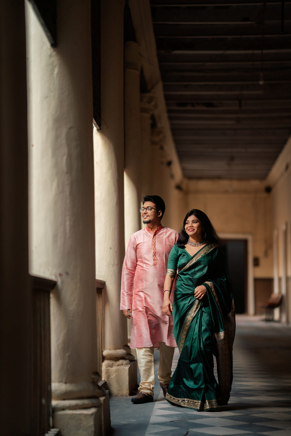Young Bengali Couple at Serampore Rajbari walking near balcony