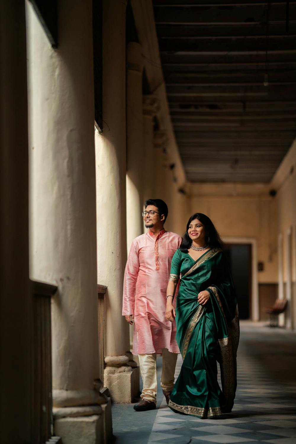 Young Bengali Couple at Serampore Rajbari walking near balcony