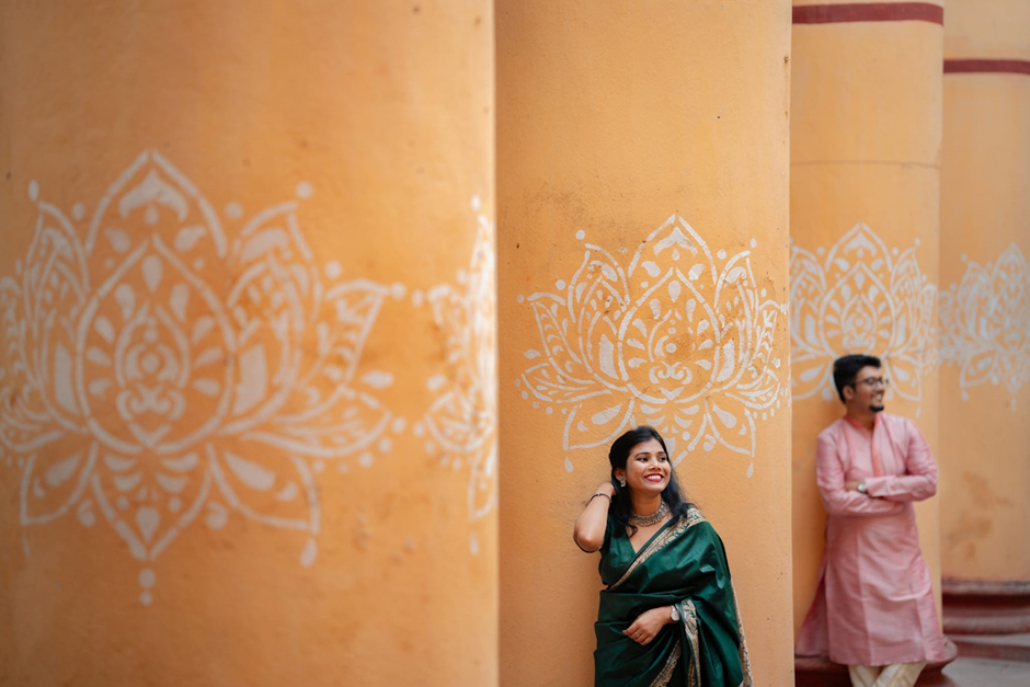 Young Bengali Couple at Serampore Rajbari posing near alponas