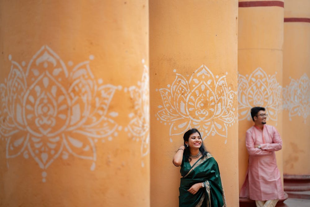 Young Bengali Couple at Serampore Rajbari posing near alponas