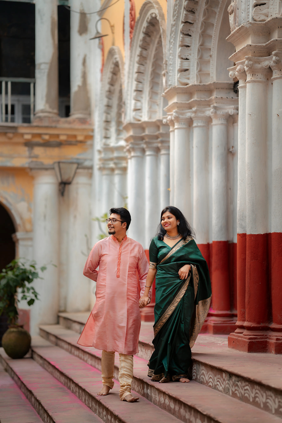 Young Bengali Couple at Serampore Rajbari walking on stairs
