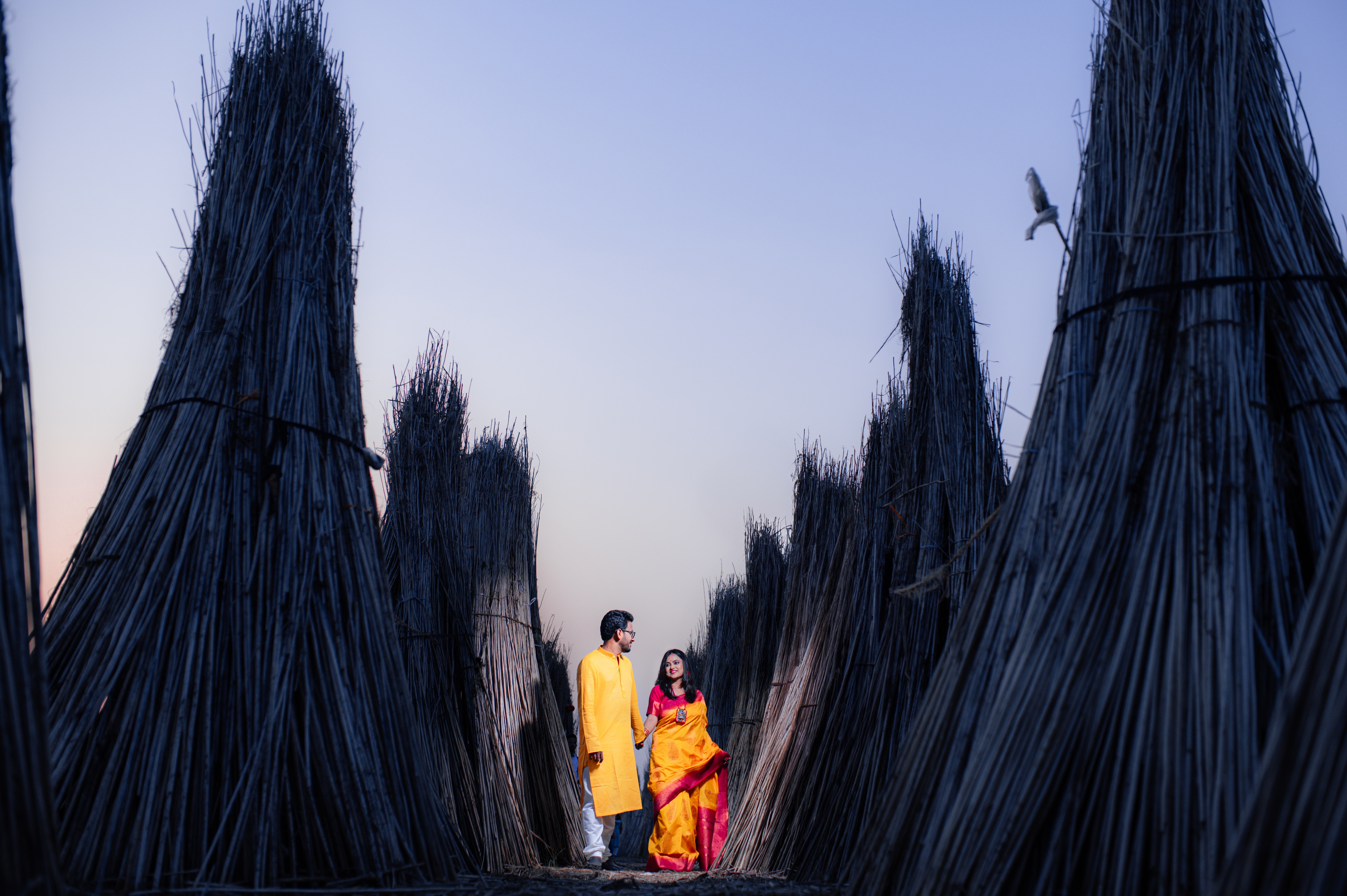 Bengali Couple walking on the fields Pre-Wedding Photoshoot | Memories Designer