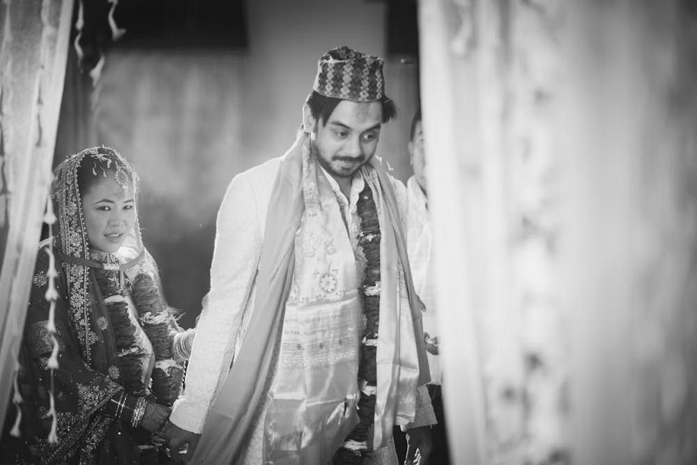 Bride and groom at wedding ceremony, monochrome photography | Themed wedding photography | Memories Designer