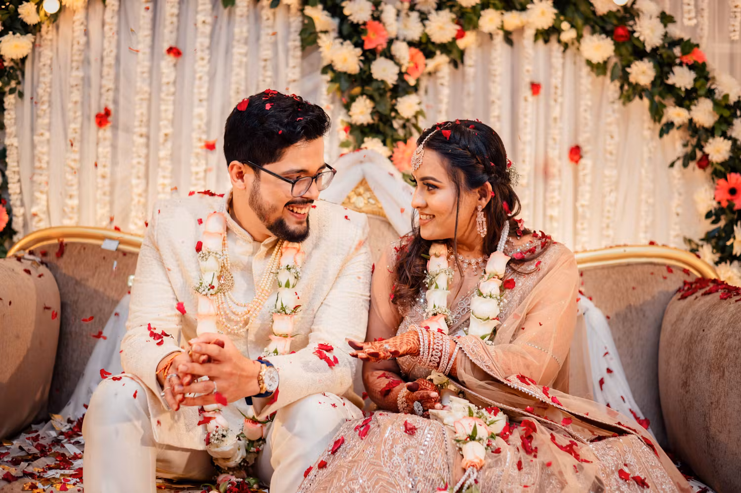 Couple smiling at engagement ceremony Kolkata