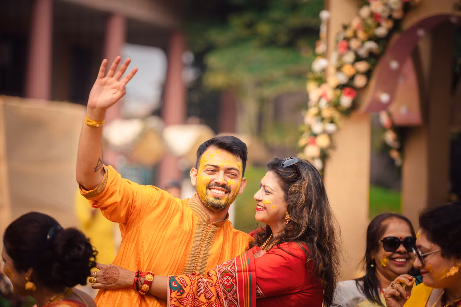 Groom with mother in Haldi ceremony pic
