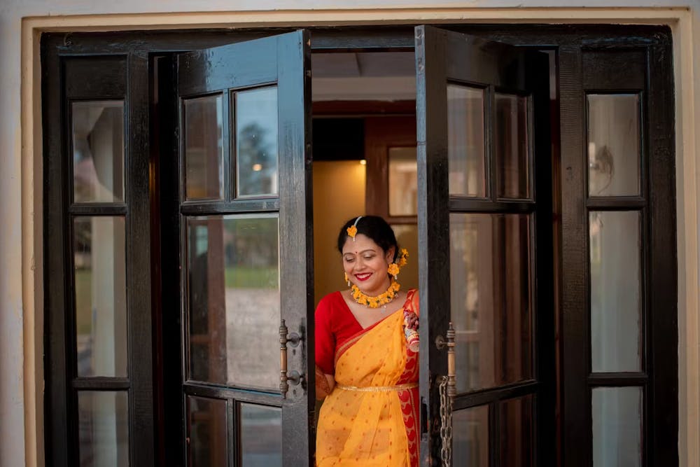 Bengali bridal Haldi pose for wedding