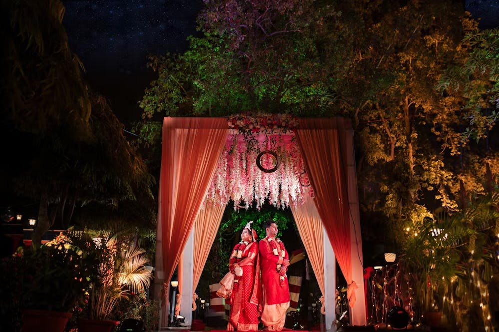 Picture of wedding couple standing backwards