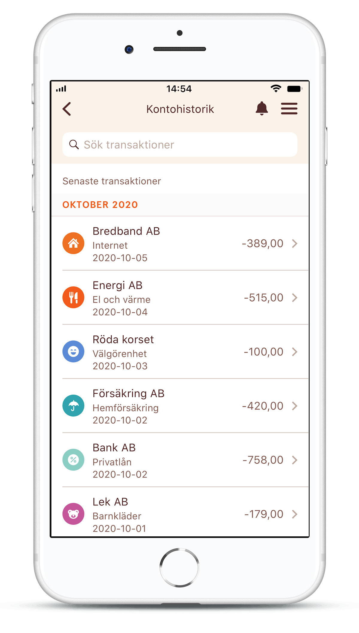 All transactions clearly represented and categorised by category