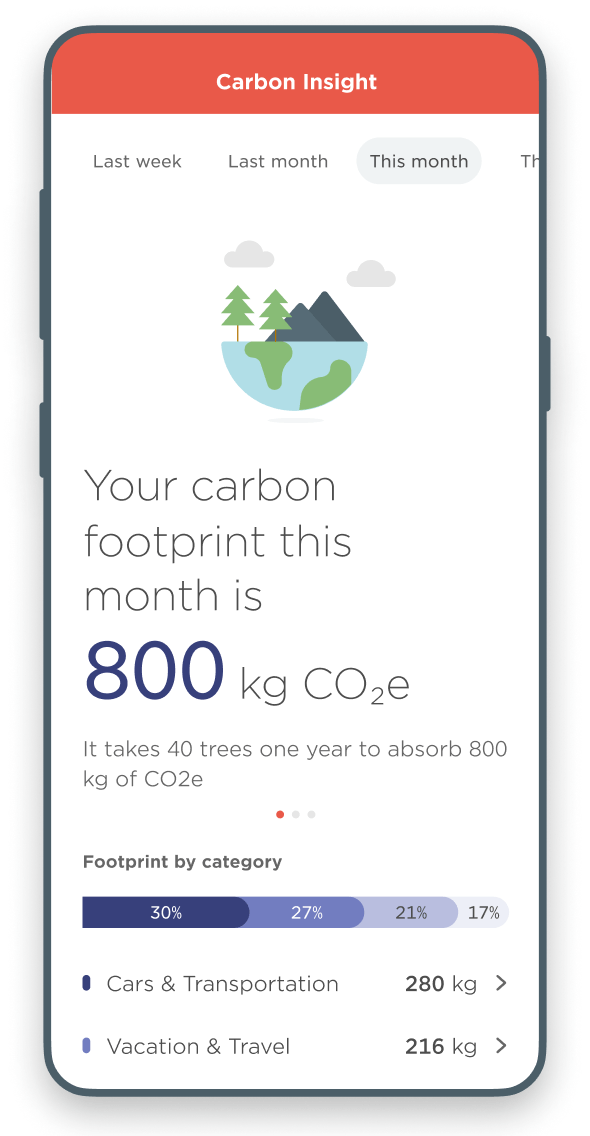 Mobile screenshot of Meniga's white-label solution Carbon Insight