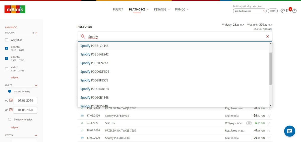 Easily find a transaction in the mBank app.