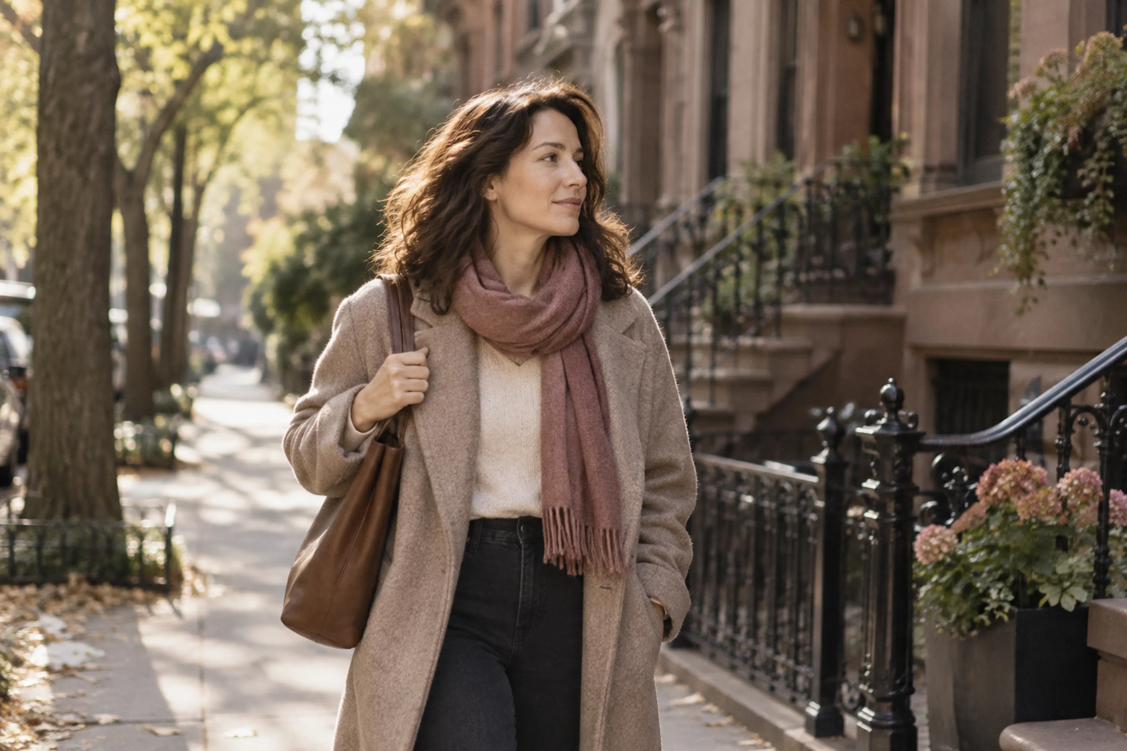 An adult standing still on a city street at dusk