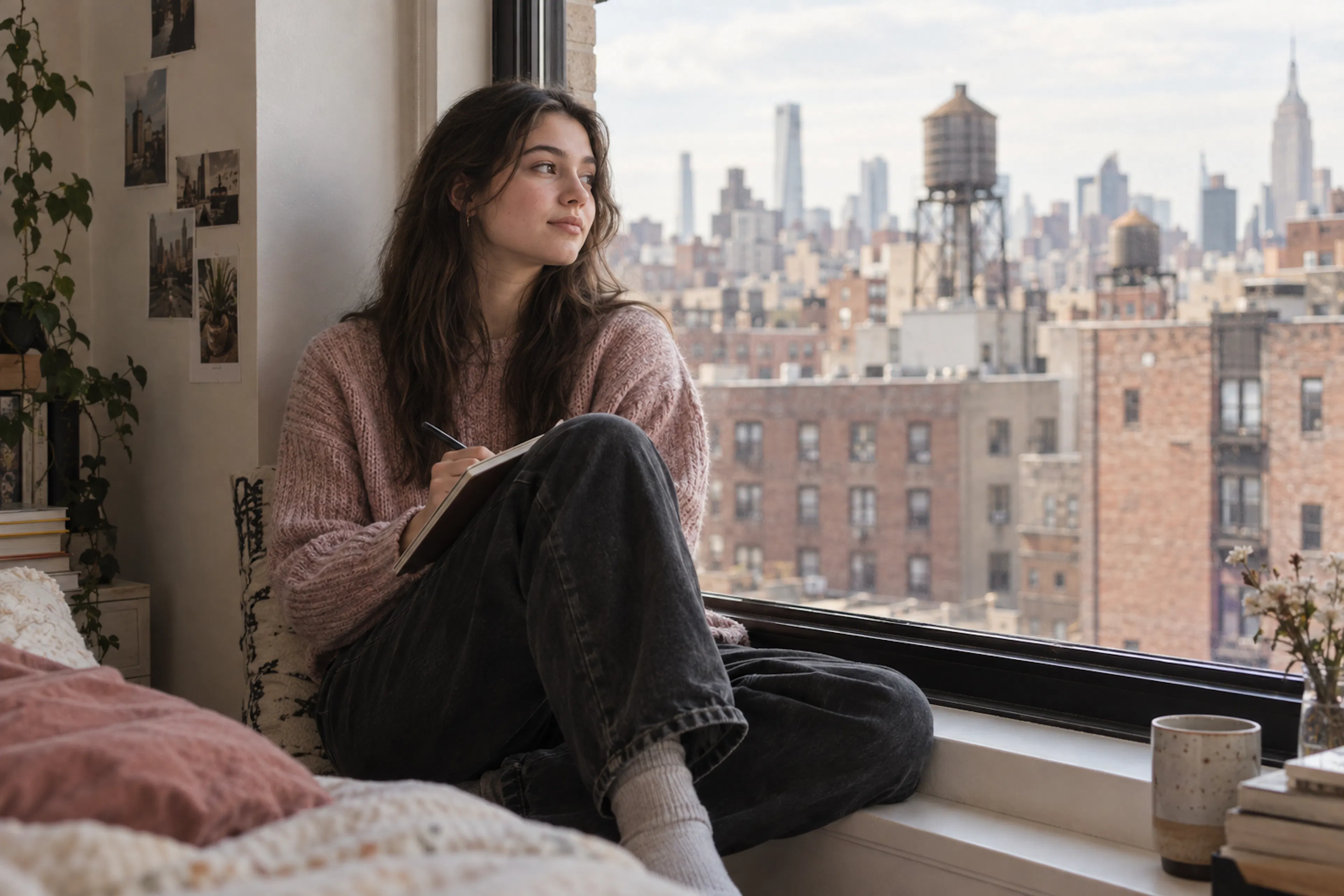 A teenager sitting by a window, looking out over the city