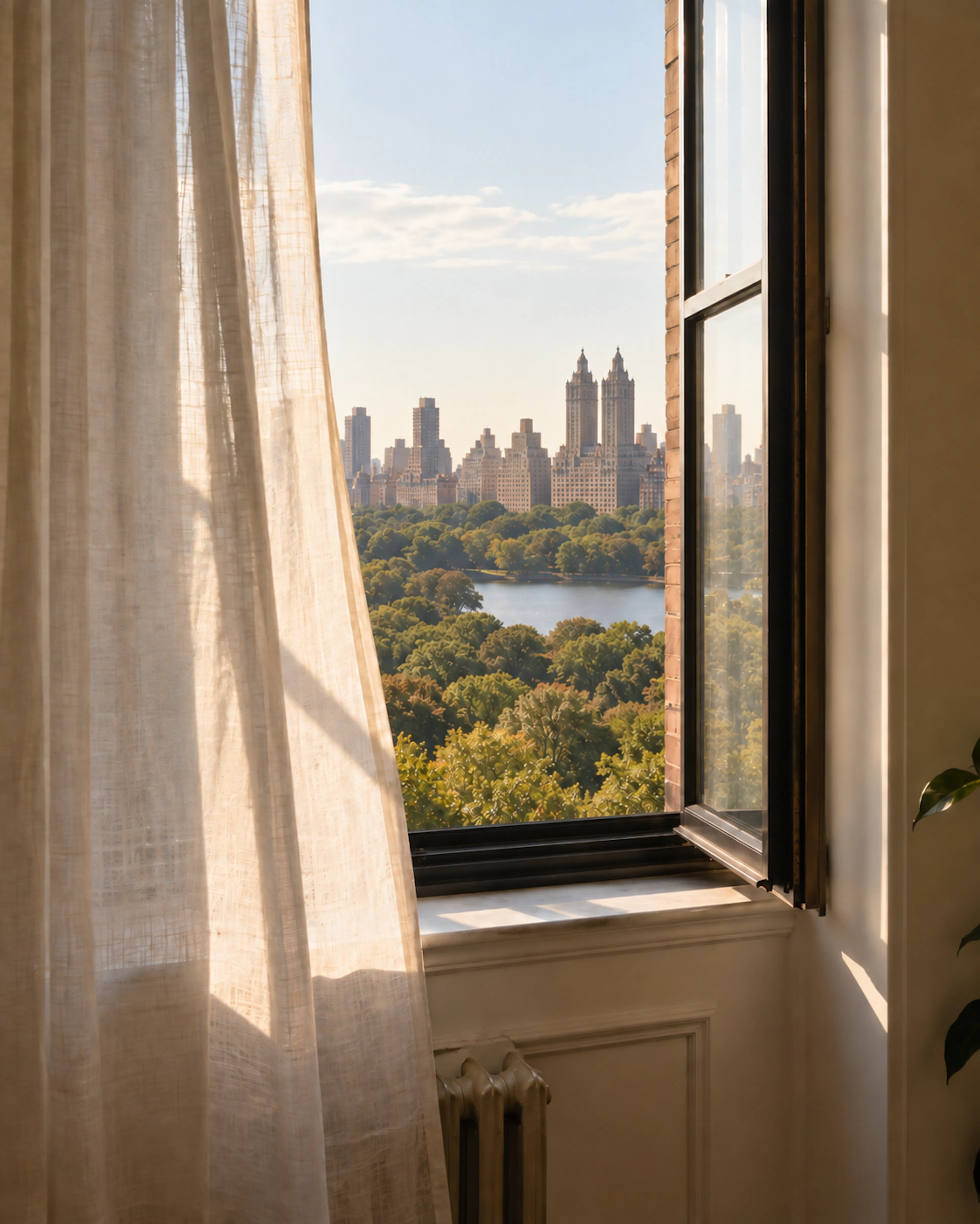 Soft morning light through an open window overlooking Central Park and the Reservoir