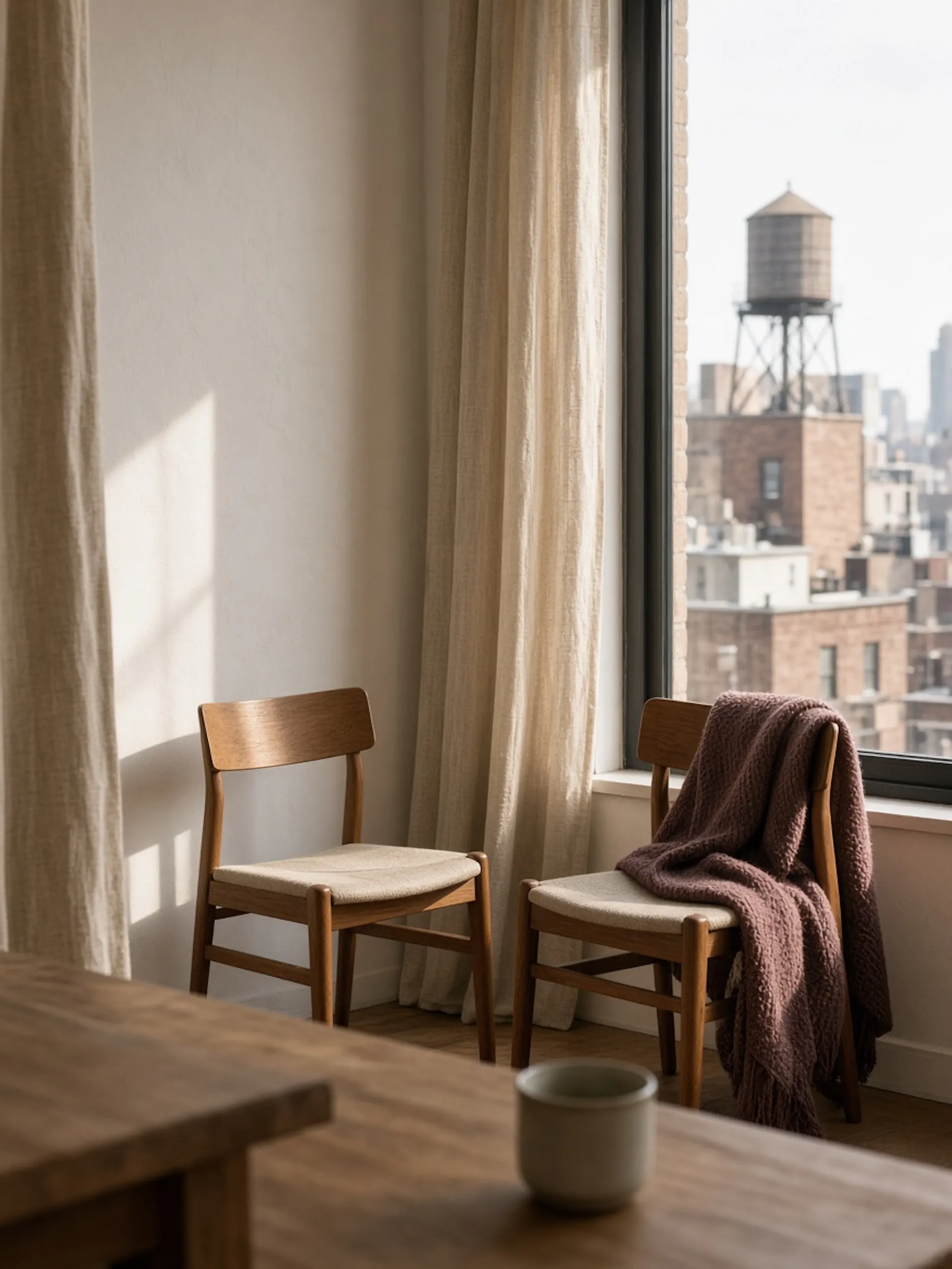 Two empty chairs by a window in a New York counseling room, late-afternoon light on the table between them