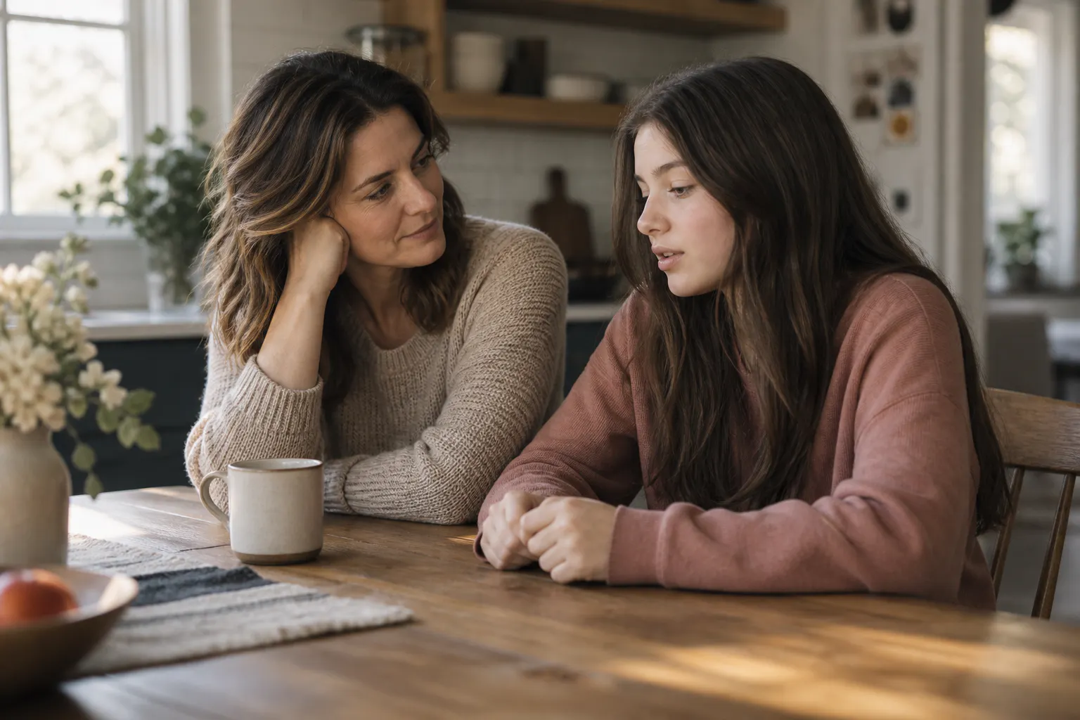 A parent and teenager sharing a quiet conversation at a table