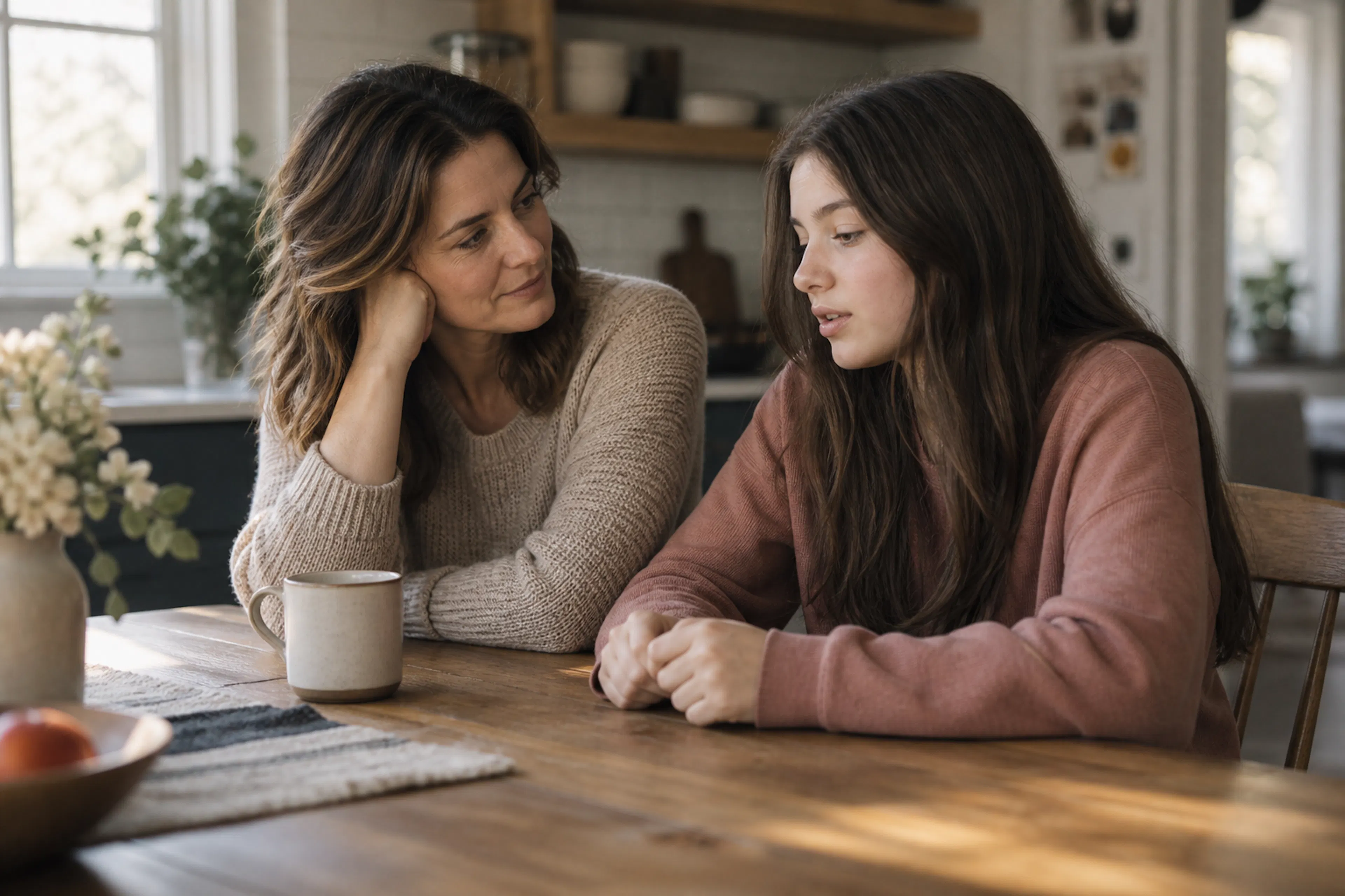 A parent and teenager sharing a quiet conversation at a table