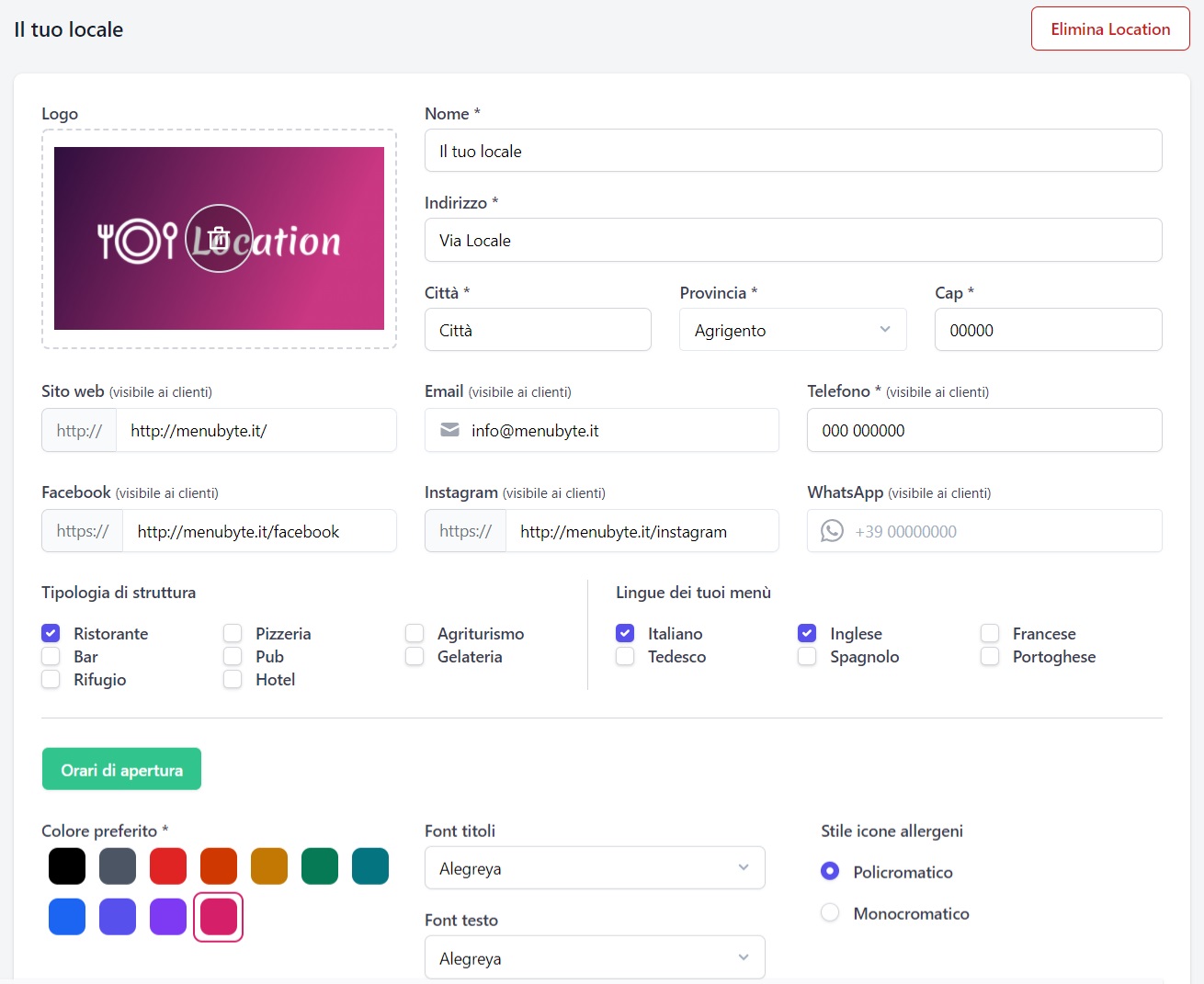 Creazione della location
