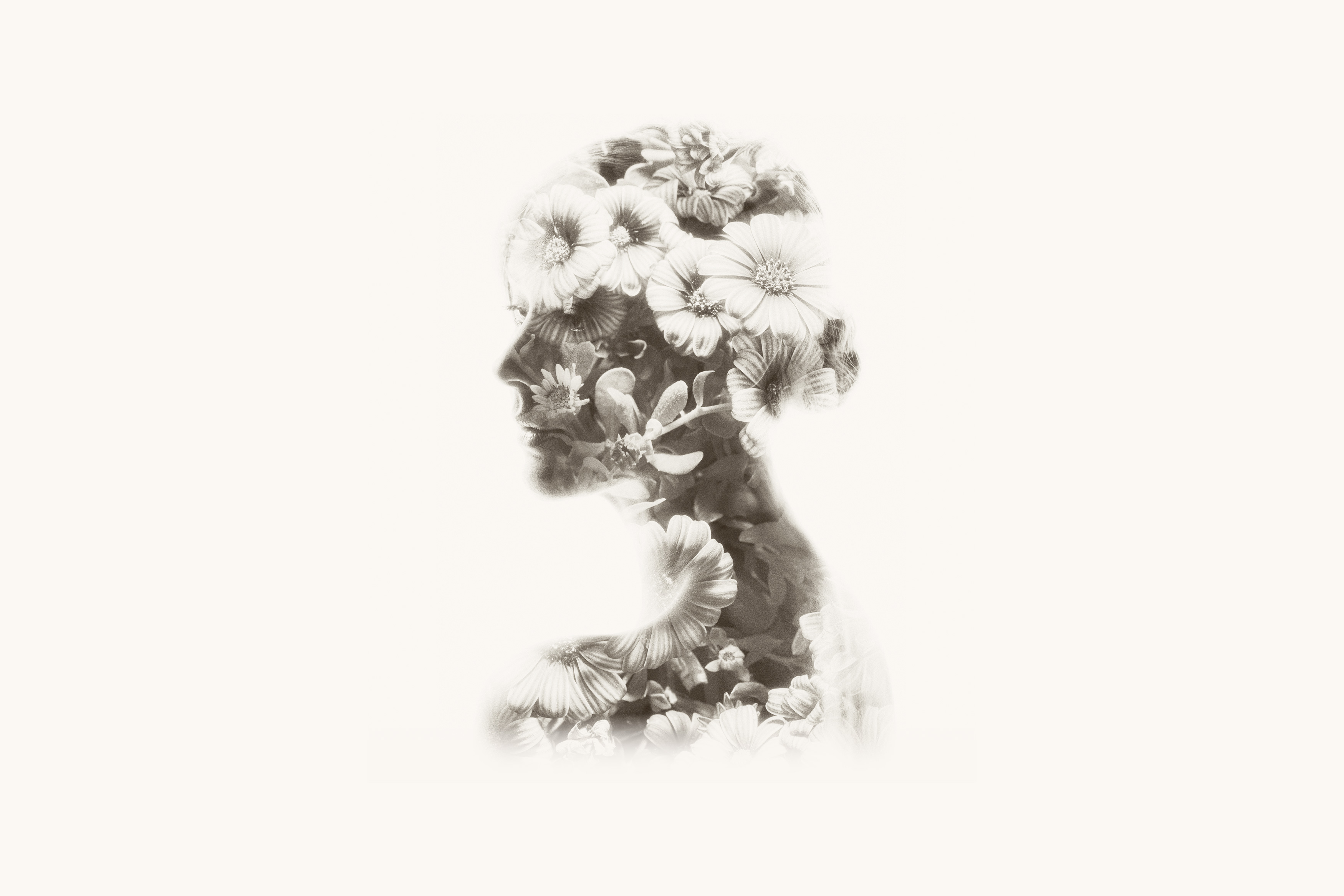Artwork of the side profile of a woman's face and neck superimposed with flowers