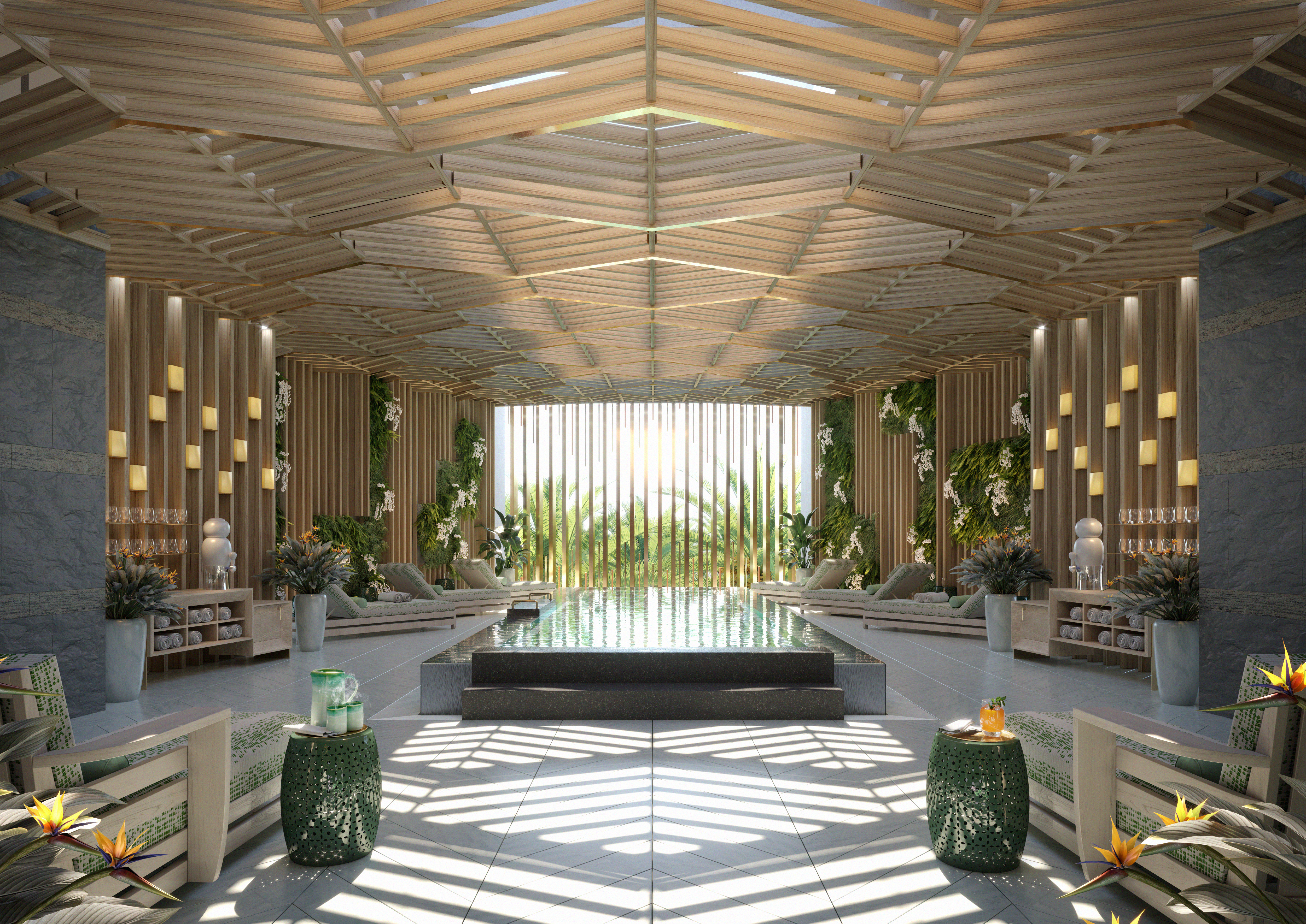 A beautiful render of the Mineral Pool and Relaxation Lounge in the daylight