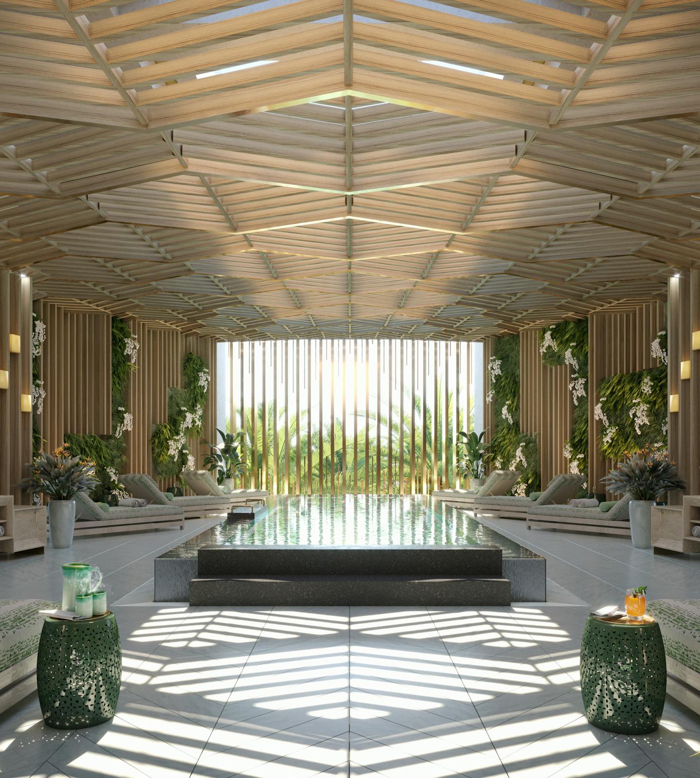 A beautiful render of the Mineral Pool and Relaxation Lounge in the daylight
