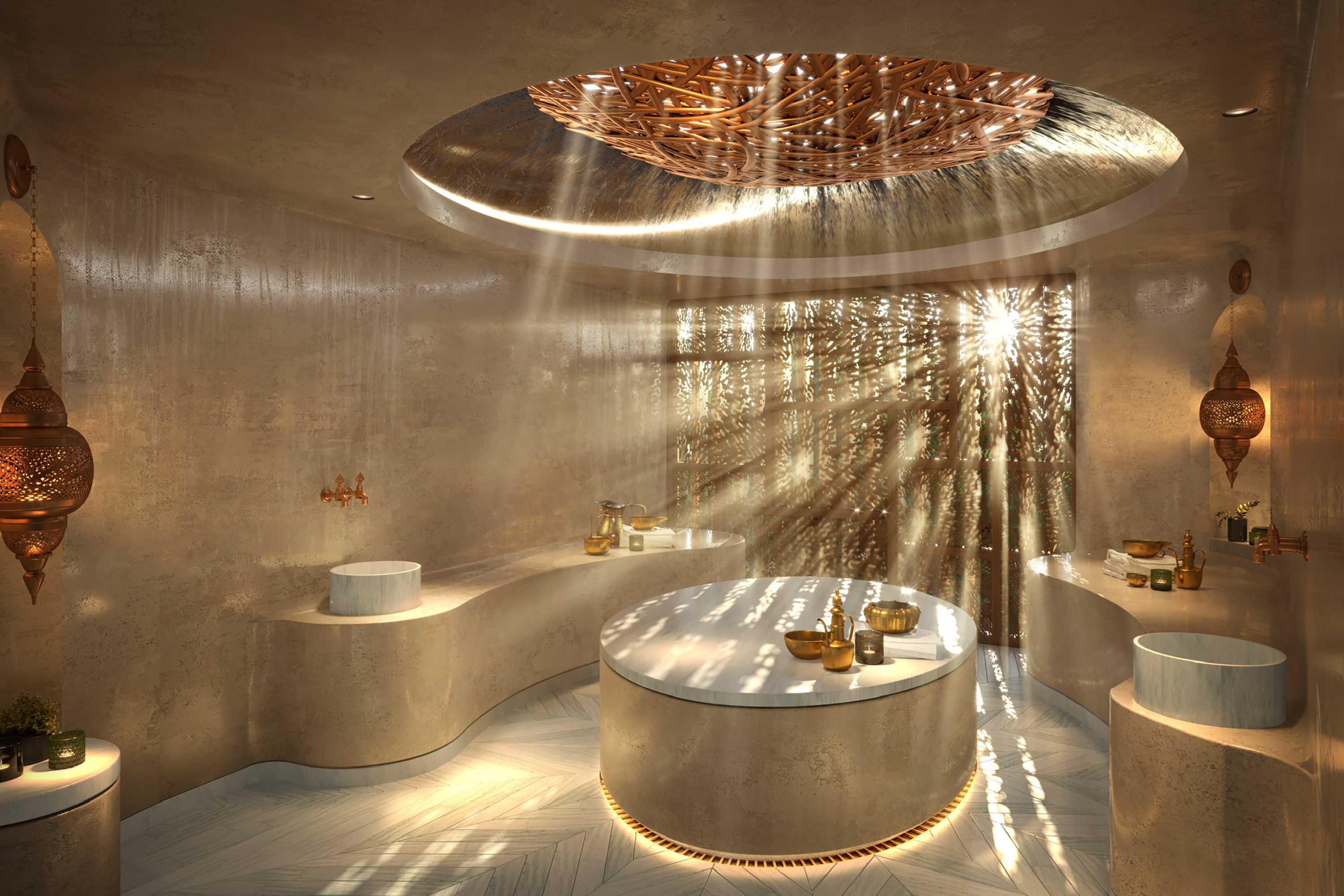 A beautiful render of the calming luxury Hammam treatment room