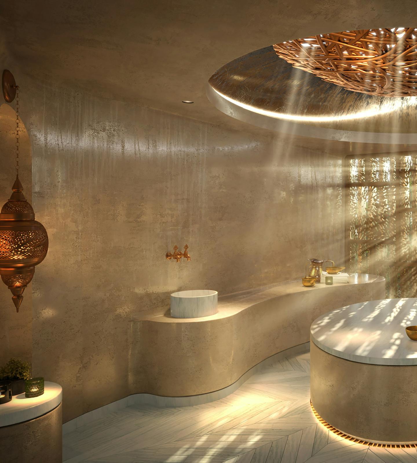 A beautiful render of the calming luxury Hammam treatment room