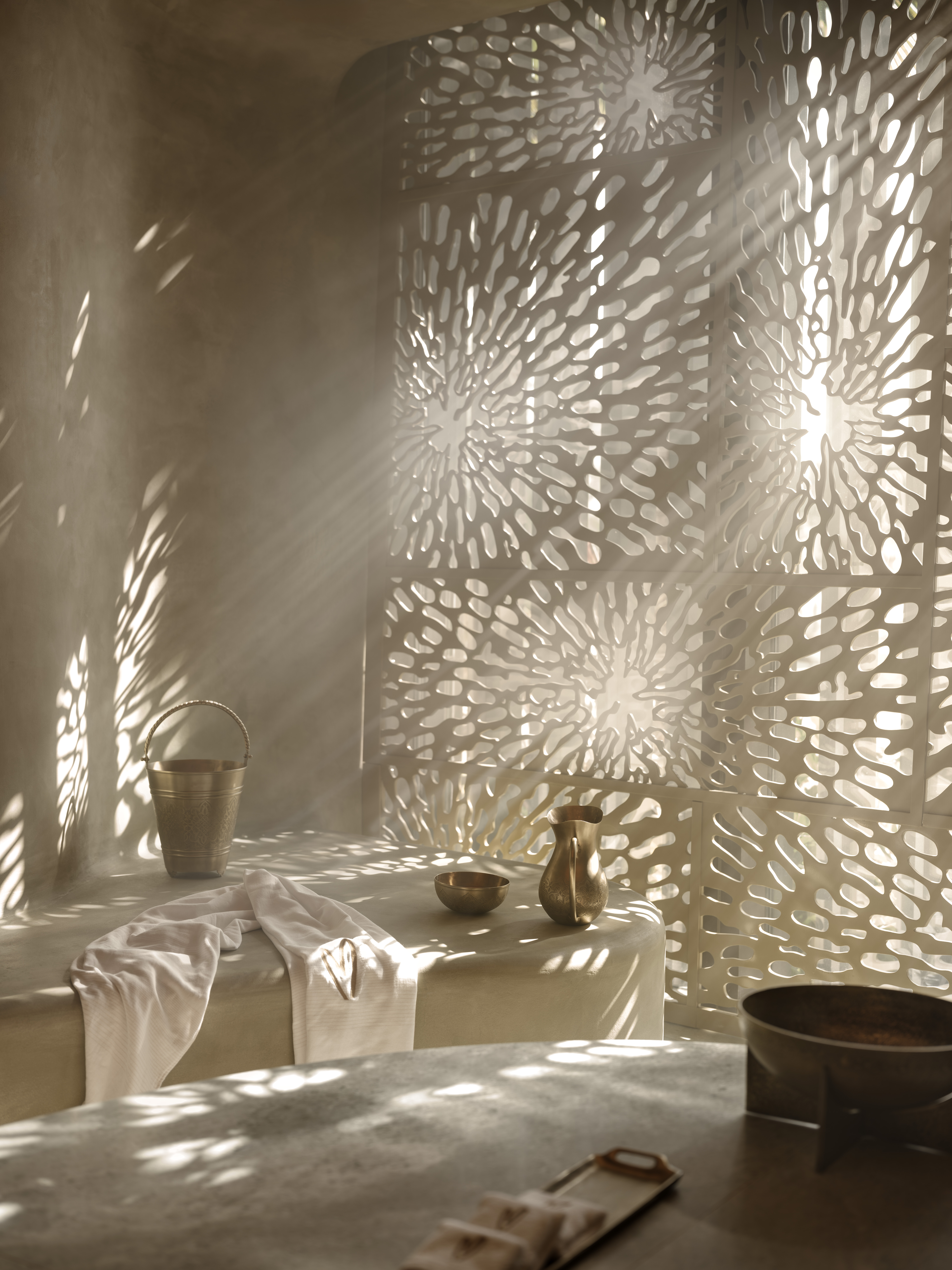 Hammam basin with traditional bathing tools at Meraki Wellness