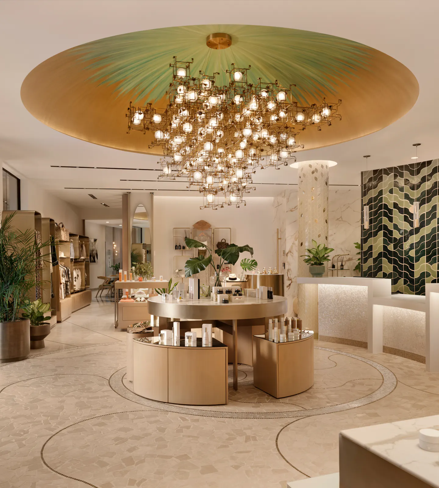 Wide view of the Spa Reception & Boutique Emporium with Natura Bissé skincare products on display