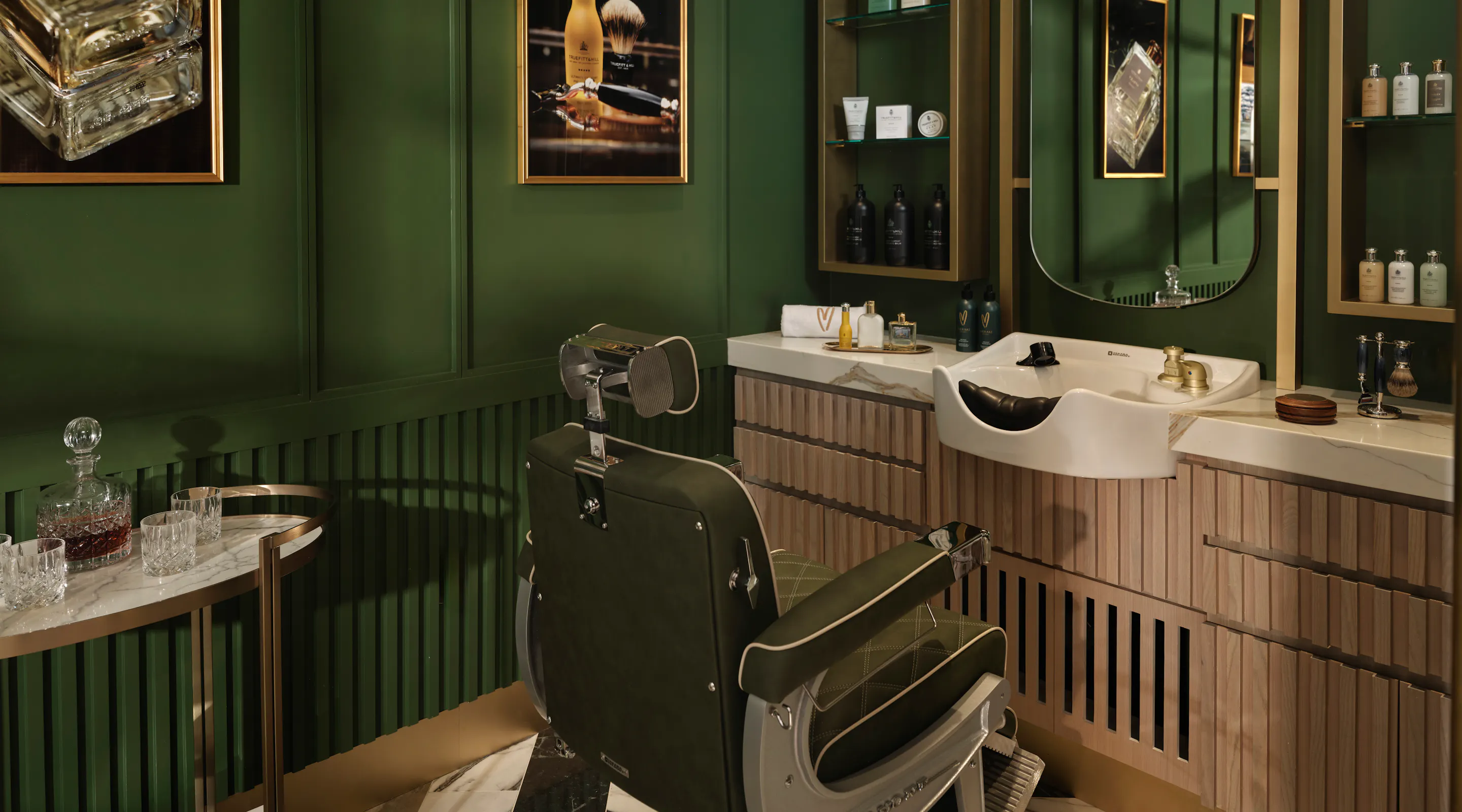 Luxury barber studio interior with grooming station at Meraki Wellness in Grand Cayman