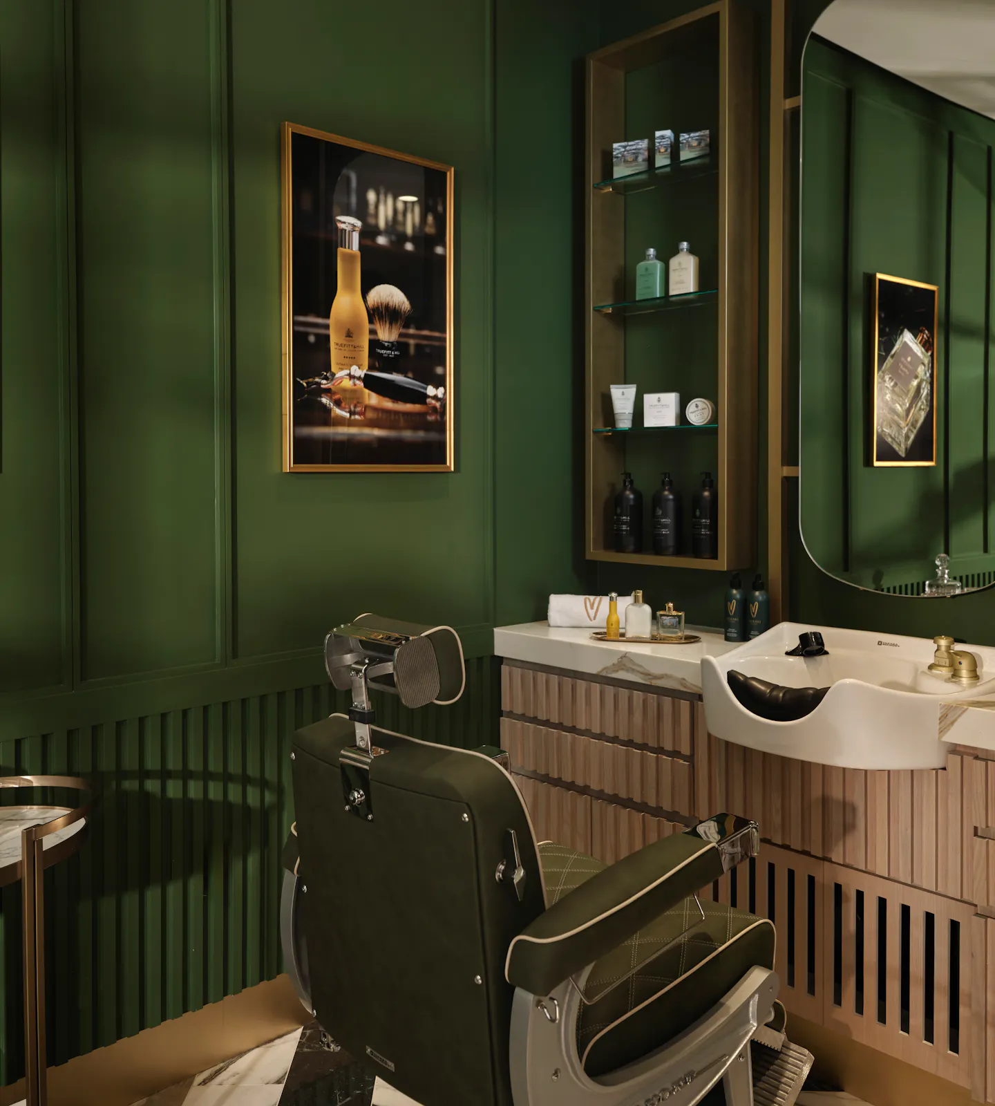 Luxury barber studio interior with grooming station at Meraki Wellness in Grand Cayman