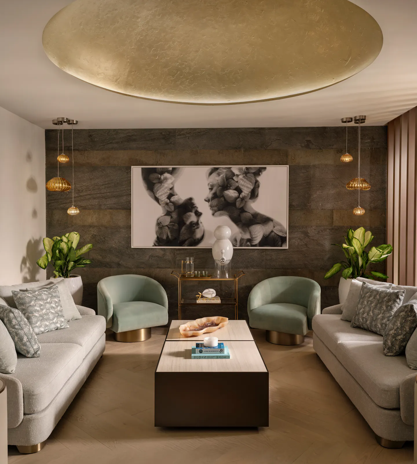 Interior of the Wellness Lounge with sofas and soft lighting at Meraki Wellness in Grand Cayman