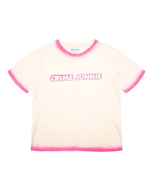 Custom pink edge-dyed cream cotton tee with puff printed bubble letter graphic, produced by MerchCamp for Audiochuck