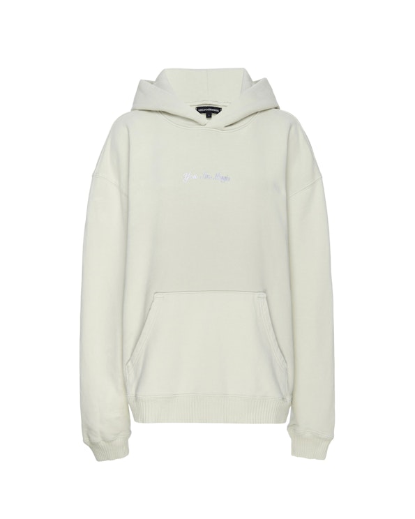 Embroidered ivory fleece pullover hoodie with cursive script and kangaroo pocket, produced by MerchCamp for Logan Hollowell