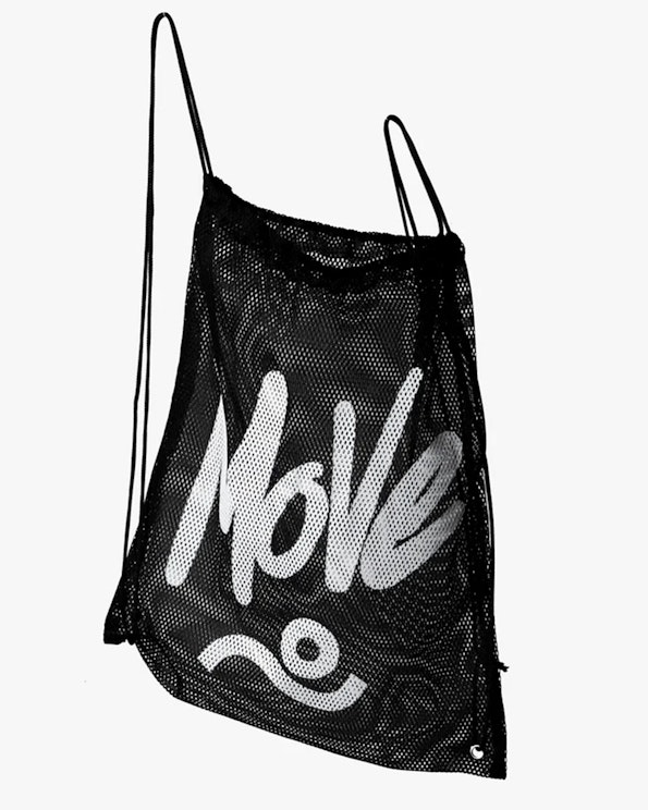 Custom black mesh cinch bag with bold white script logo and smiley graphic, produced by MerchCamp