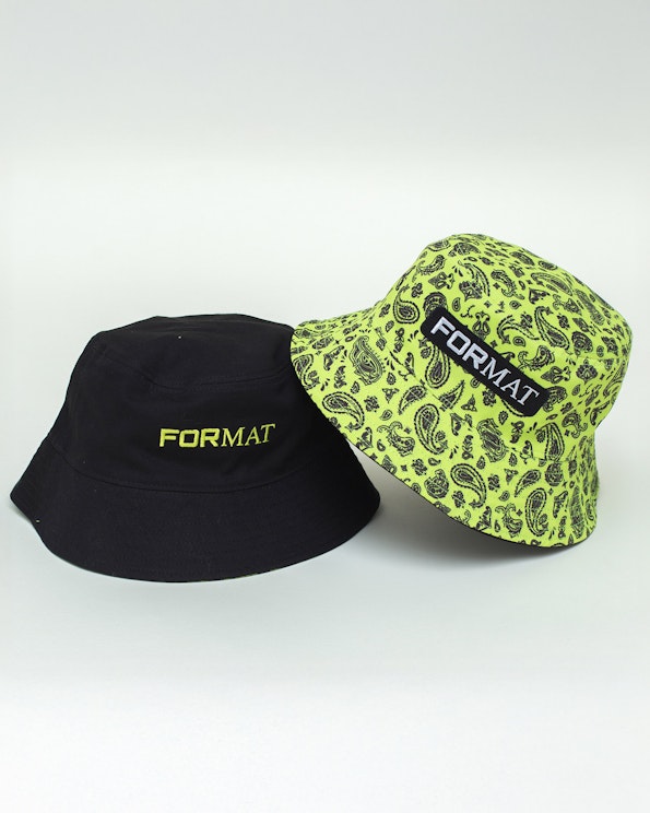 Full custom reversible bucket hat in black and neon green paisley with embroidered logo, produced by MerchCamp for Format Festival